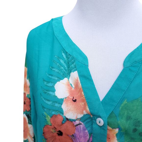 Soft Surroundings Teal Blue Green Printed Floral Top Roll Tab Sleeves Sz 1X - Picture 4 of 12